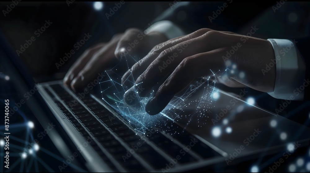 Poster a man is typing on a laptop with a glowing hand on the keyboard. concept of technology and modernity
