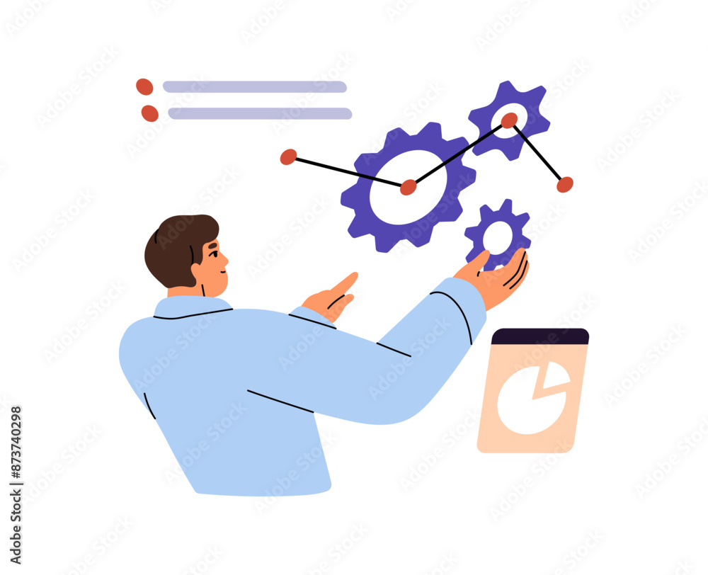Poster analyst explores tech, analysis technology concept. engineer changes setting of mechanism, works wit