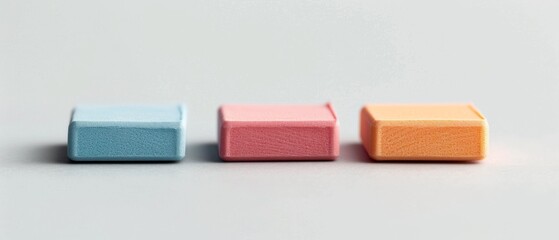 Three colorful erasers in pastel shades arranged in a row on a light grey background, perfect for school or stationery-themed designs.