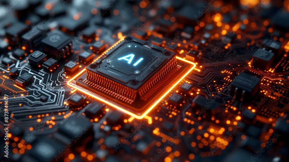 Poster a computer chip with the letters ai on it. the chip is lit up in red. concept of technology and inno