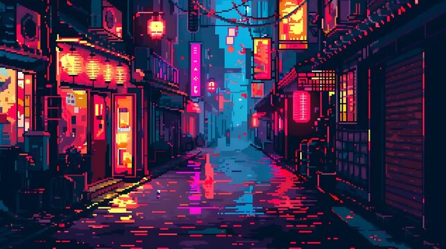 Neon-Lit Pixel Art Cityscape with Glowing Signs and Rain-Slicked Streets at Night