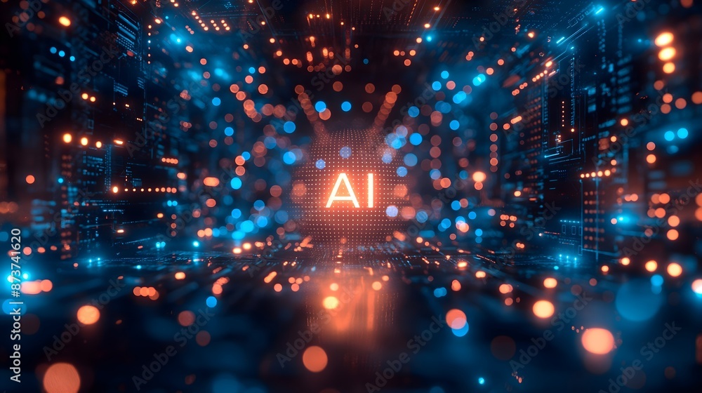 Poster a computer chip with a red dot in the middle. the chip is surrounded by a lot of small dots. ai gene