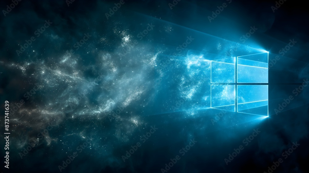 Poster a computer screen with a blue sky background and a window with a bright light shining through it. sc