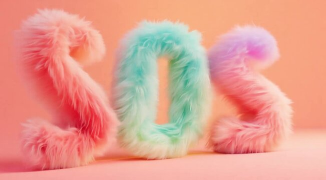 Soft Fluffy SOS Letters in Pastel Colors on a Pink Background