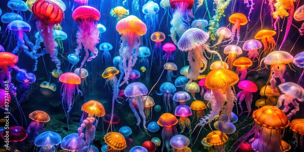 Wall mural photo of a tank filled with colorful jellyfish at the aquarium, jellyfish, tank, aquarium, underwate