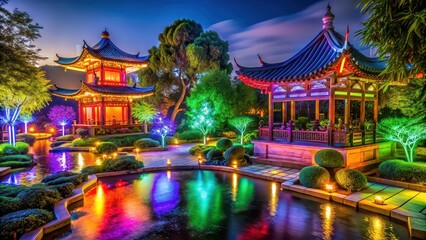 Obraz premium Illuminated temple garden at night with colorful lights, night, temple, garden, lighting, illuminated, colorful, peaceful