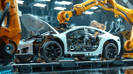 Fototapeta premium Robotic Arms Assembling Electric Car in Modern Automated Factory with Cutting-Edge Technology and Innovation