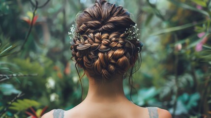 A person with a bohemian braided updo, featuring loose, bohemian style braids gathered into an updo