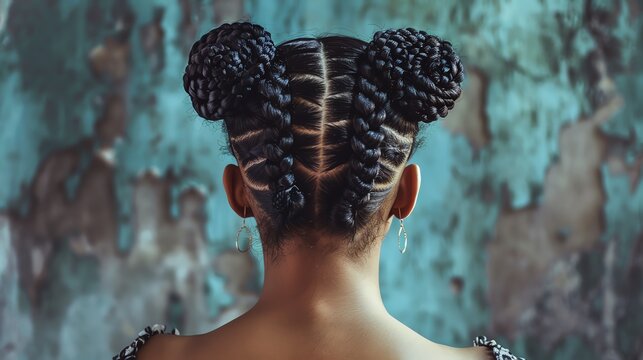 A person with a double braided bun, featuring two braids wrapped into a stylish bun at the back of the head