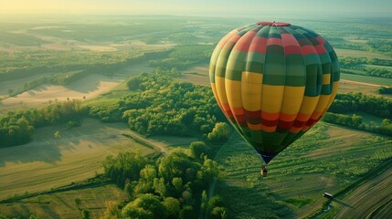 Fototapeta premium Colorful Hot Air Balloon Drifting Over Serene Pastoral Landscape
