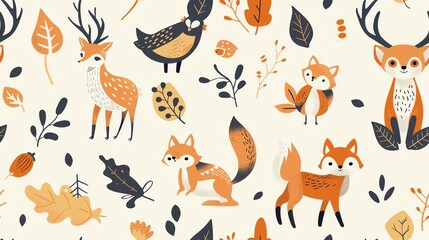 Generate a seamless pattern featuring whimsical woodland animals like foxes, owls, and deer