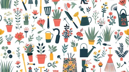 Generate a seamless pattern of gardening motifs like watering cans, plants, and garden tools