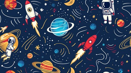 Generate a seamless pattern with planets, rockets, and astronauts exploring outer space