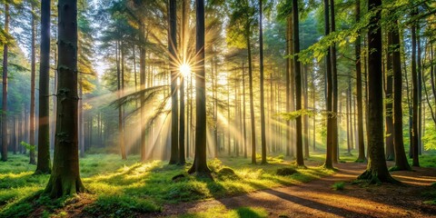 Obraz premium A serene morning in the forest with sunlight filtering through the trees, Forest, morning, sunlight, trees, nature