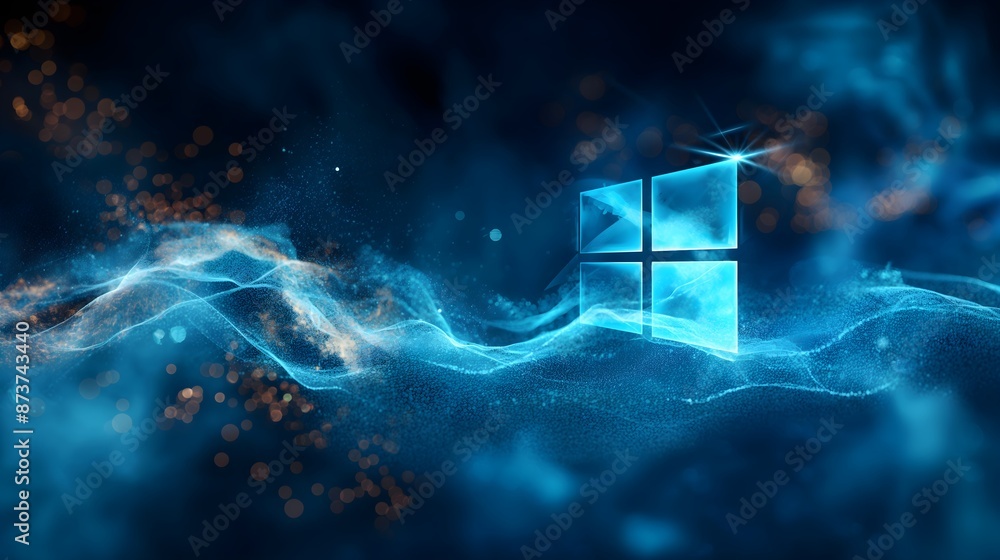Poster a computer screen with a blue sky background and a window with a bright light shining through it. sc