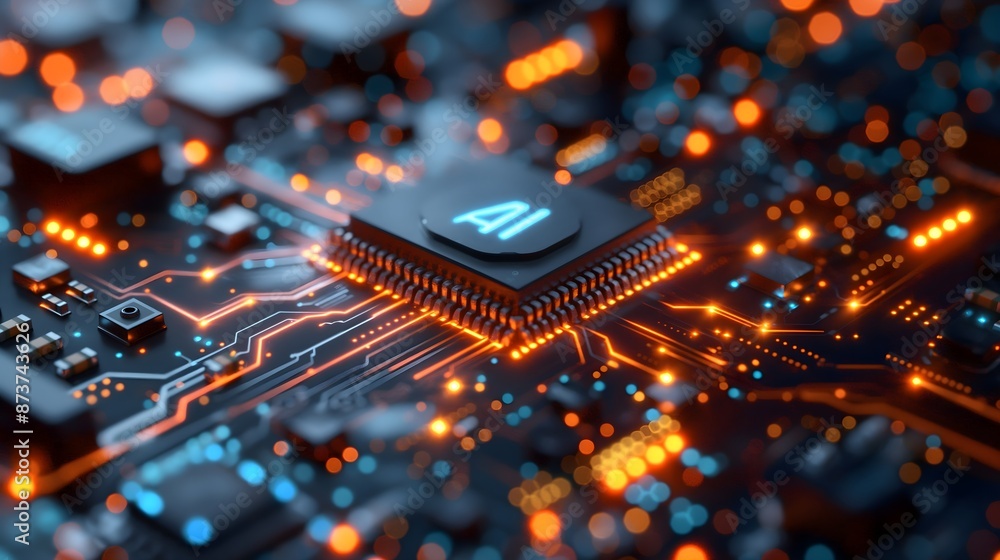 Poster a computer chip with the letters ai on it. the chip is lit up in red. concept of technology and inno