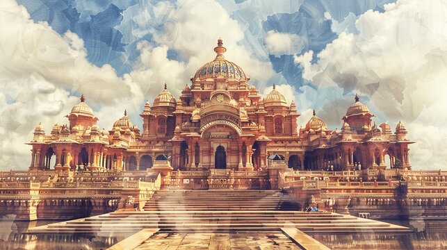 Tranquil Symmetry: Akshardham Temple Delhi with Ornate Carvings and Central Dome in Earthy Tones Captured in Watercolor Effect