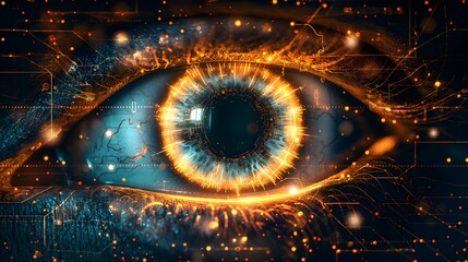 A close up of an eye with a glowing orange circle in the center. The eye is surrounded by a blurry, glowing cityscape. AI generated.