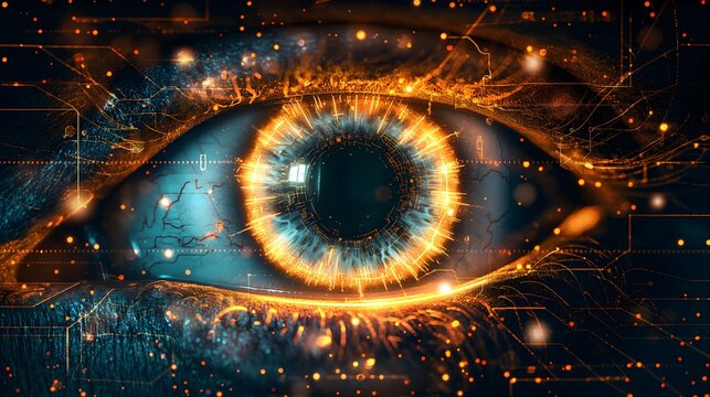 A close up of an eye with a glowing orange circle in the center. The eye is surrounded by a blurry, glowing cityscape. AI generated.