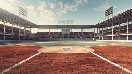 Classic Baseball Stadium Illustration with Empty Stands and Symmetrical Design