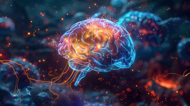 Neon brain structure, Concept art of a human brain exploding with knowledge and creativity.