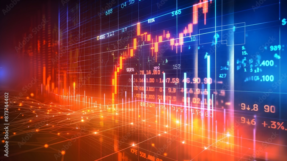 Poster a colorful graph with numbers and lines that represent stock market trends. concept of excitement an