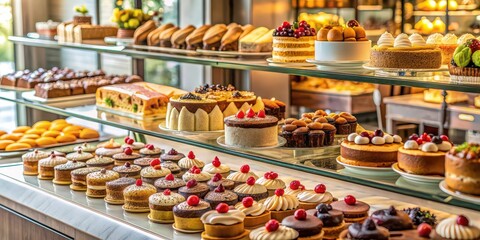 A tempting array of pastries, cakes, and desserts beautifully displayed in a cozy bakery , bakery, pastries, cakes