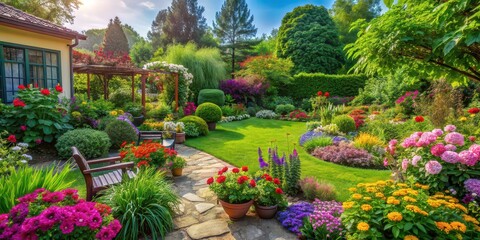 Obraz premium A serene garden at home with lush greenery and colorful flowers, providing a peaceful and therapeutic environment, serene