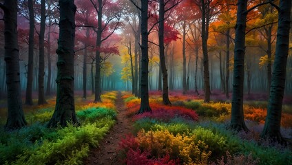 Fototapeta premium About a magical forest where each tree is a different color from a mystical paintbox ai_generated