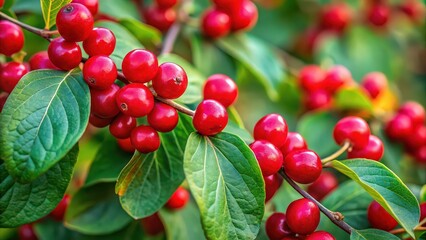 Fototapeta premium Close up of ripe red forest honeysuckle berries, forest, honeysuckle, berries, red, ripe, close-up, vibrant, nature, organic, wild