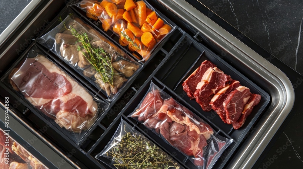 Poster an overhead shot of a sous vide container rack displaying the precise measurements of each slot for 