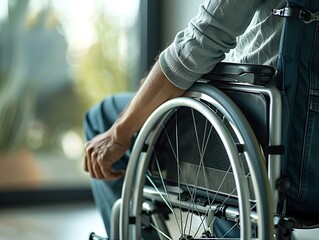 Obraz premium Disabled Man in Wheelchair Reflecting Through Window with Outdoor Scenery