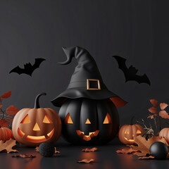 Jack O'Lantern pumpkins and cute Halloween decorations in black, grey and orange color tone with copy space for text. Volume 1. Square aspect ratio.