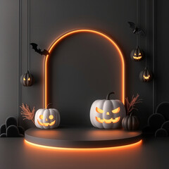 Jack O'Lantern pumpkins and cute Halloween decorations in black, grey and orange color tone with copy space for text. Volume 1. Square aspect ratio.