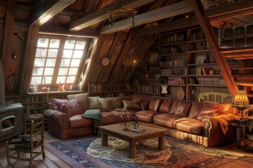 Warm and inviting attic space transformed into a peaceful reading area with vintage decor