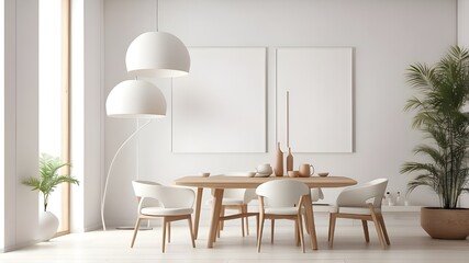 Contemporary white emptiness design, fake blank interior room. Up style, frame and poster in the space house. Background decor, furniture against wall. Mockup table for the kitchen in an apartment