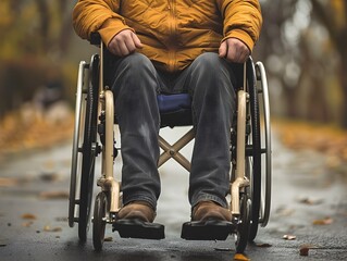 Obraz premium Disabled Man in Wheelchair Navigating Autumn Landscape