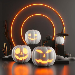 Jack O'Lantern pumpkins and cute Halloween decorations in black, grey and orange color tone with copy space for text. Volume 1. Square aspect ratio.