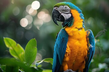 Fototapeta premium Majestic Macaw Perched in Vibrant Foliage of Tropical Jungle