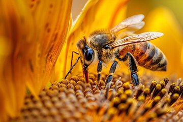 Naklejka premium Close-up of a bee collecting nectar from a vibrant yellow flower, showcasing its detailed wings and body.