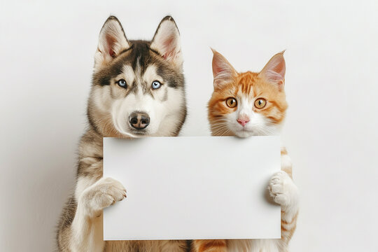 A husky and a ginger cat holding a blank sign, perfect for mockups or messages. Both animals are looking directly at the camera with a white background.