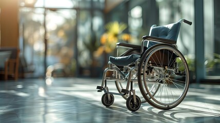 Obraz premium Wheelchair in Bright Modern Indoor Setting with Glass Walls