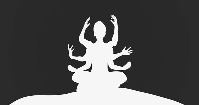 Silhouette of a multi-armed meditating girl with six arms, in the Lotus position. Happy relaxed female character performing meditation exercise. White silhouette against black background