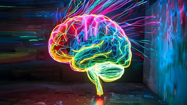 Neon brain structure, Concept art of a human brain exploding with knowledge and creativity.