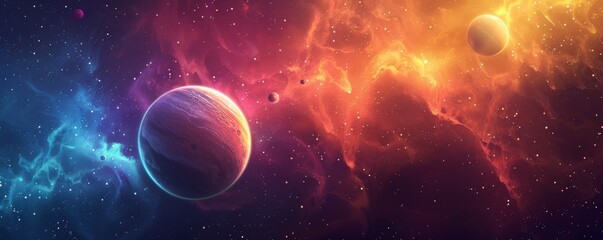 Colorful cosmic scene featuring planets, stars, and vibrant nebulae in outer space