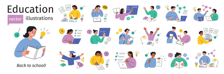 Education vector illustrations set, school children scenes. Studying, exams, homework, academic life, classroom activities collection. Students reading, writing, doing science, math. Back to school