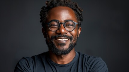 Obraz premium Happy african american man in glasses on dark background