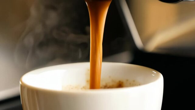 Close-up of coffee machine pouring coffee into a cup. Ideal for cafes, beverage brands, and coffee enthusiasts showcasing the brewing process