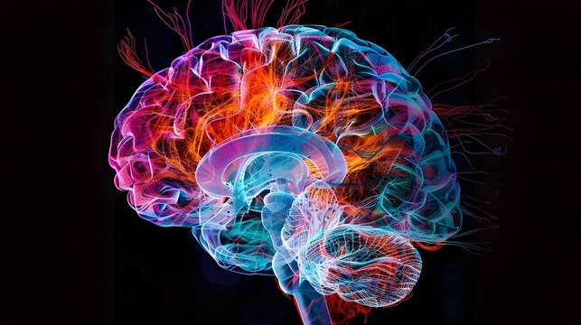 Neon brain structure, Concept art of a human brain exploding with knowledge and creativity.