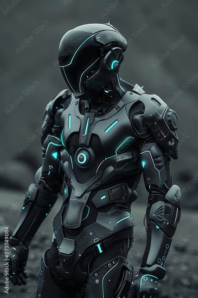 Poster neon accents pulsate rhythmically along the android's armor, mirroring the flow of data and informat